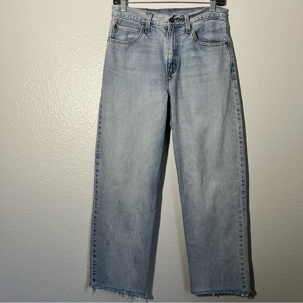 Levi’s Premium Women’s Jeans High-Rise Slouchy Straight Distressed Fray Hem Blue